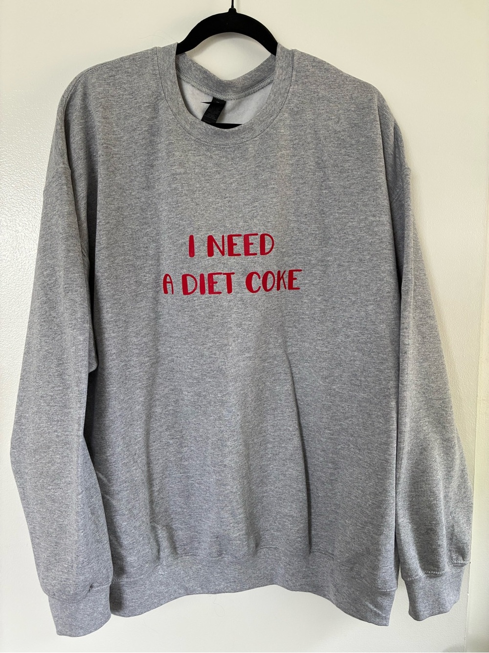 Gildan Gray Crewneck Sweatshirt with Red "I Need A Diet Coke" Text